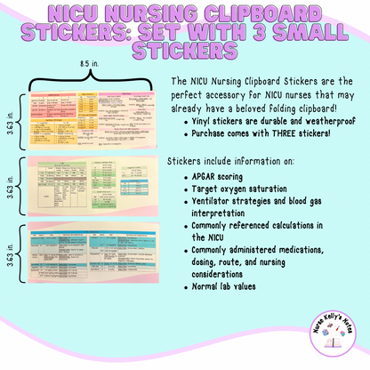 NICU Nursing Stickers for Clipboard (3 Small Stickers) | Neonatal Resources for Visual LeaRNers