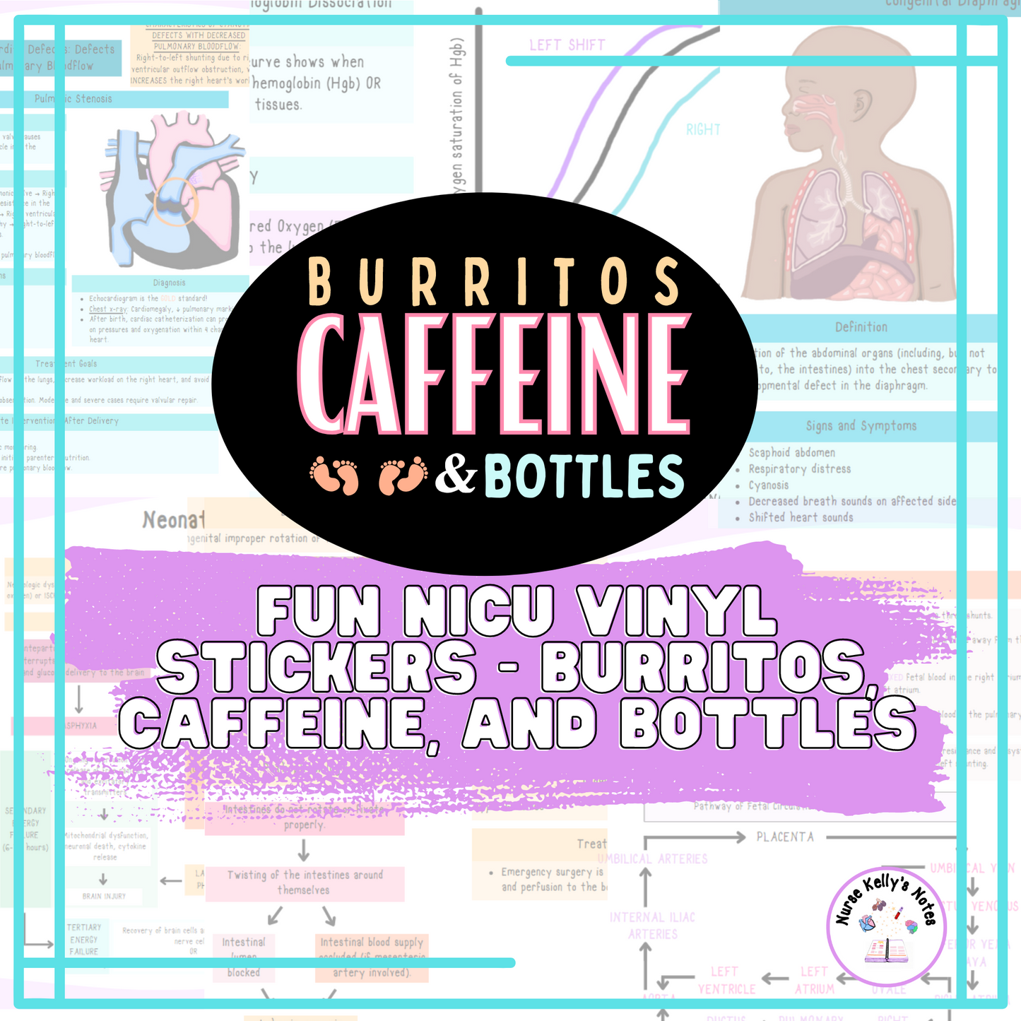 NICU Nurse Sticker - Burritos, Caffeine, and Bottles