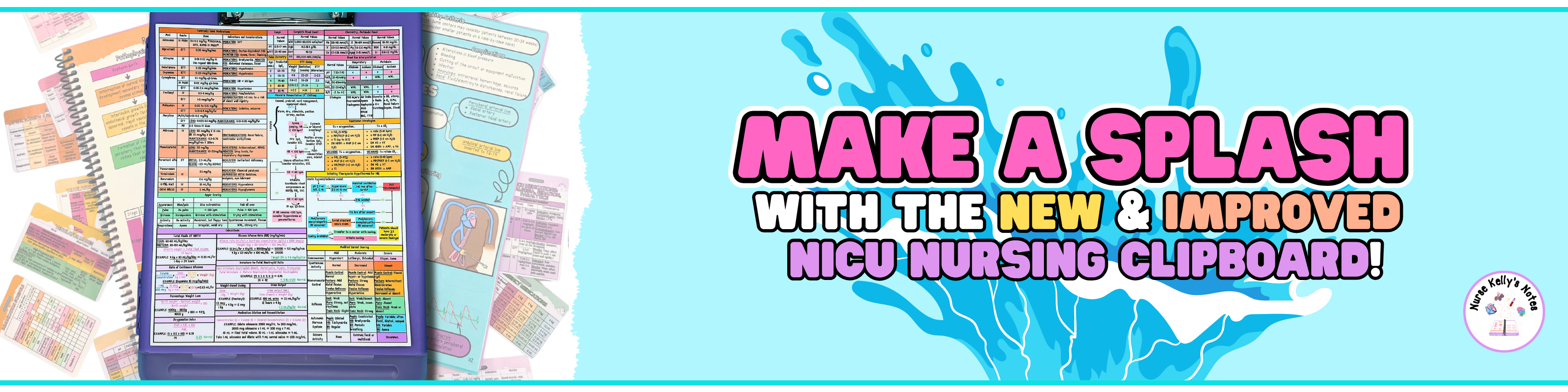 Nursing clipboard with colorful charts on a blue background with text 'Make a Splash with the New & Improved Nicu Nursing Clipboard'.